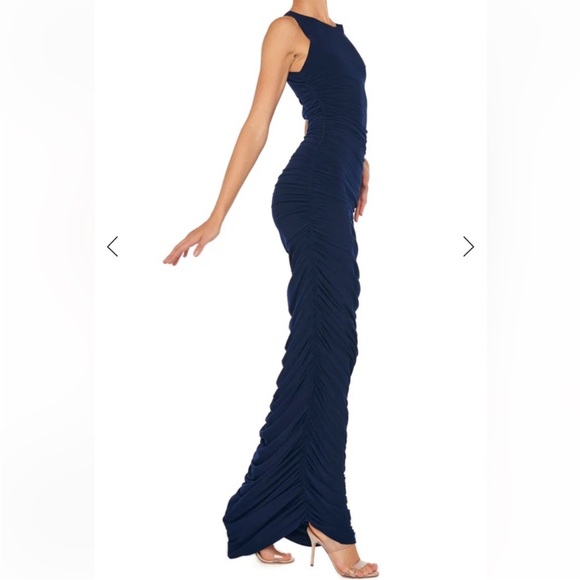 Norma Kamali Sleeveless Side Shirred Dark Blue Navy Maxi Dress Gown - Picture 3 of 14
